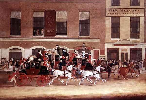 Royal Mail Coaches leaving the Angel Inn, 1827 Oil Painting by James Pollard