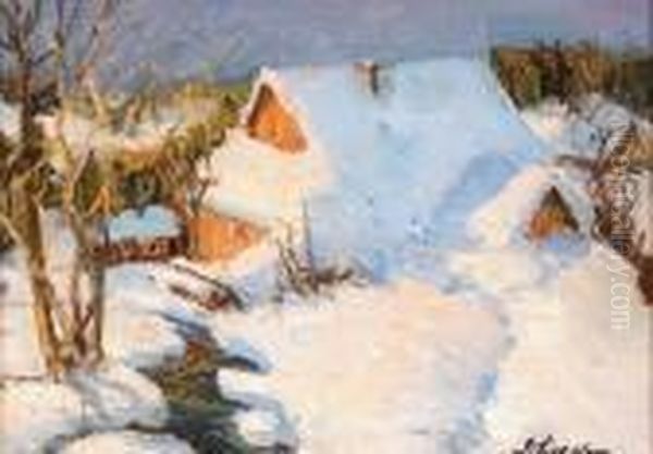 Chalet Sous La Neige. Oil Painting by Georges Lapchine