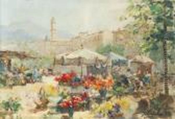 Le Marche Aux Fleurs A Nice Oil Painting by Georges Lapchine