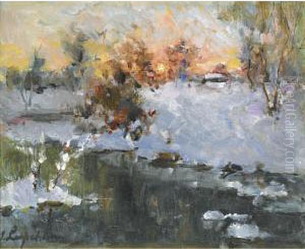 Paysage D'hiver Au Soleil Couchant Oil Painting by Georges Lapchine