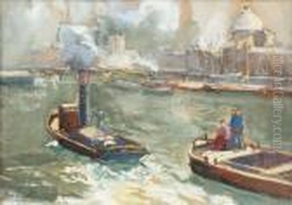 Bateaux Sur La Seine Oil Painting by Georges Lapchine