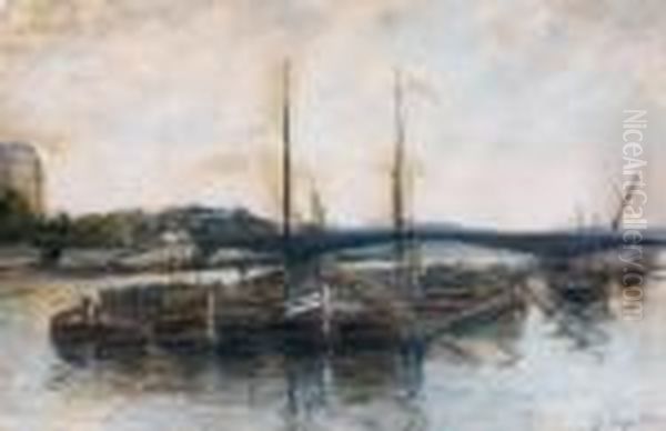 Peniches Sur La Seine Oil Painting by Georges Lapchine