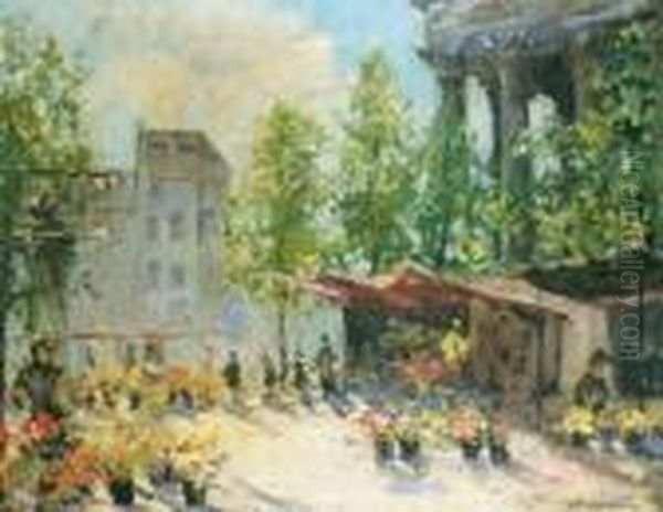 Le Marche Aux Fleurs A La Madeeline Oil Painting by Georges Lapchine