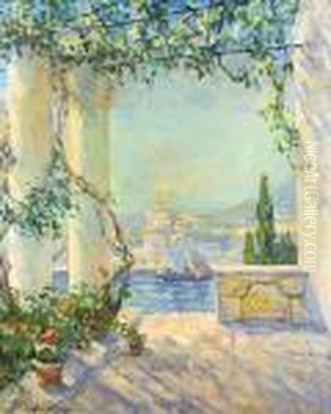 Mediterrane Terrasse Mit Ausblick. Oil Painting by Georges Lapchine