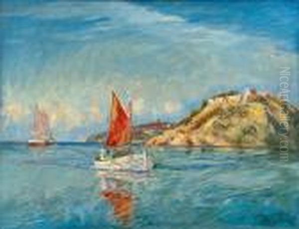 Sailboats By The Shore Oil Painting by Georges Lapchine