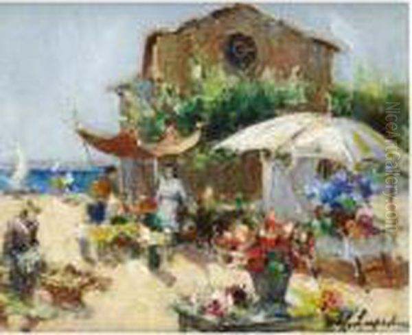 The Flower Market At Madeleine Oil Painting by Georges Lapchine