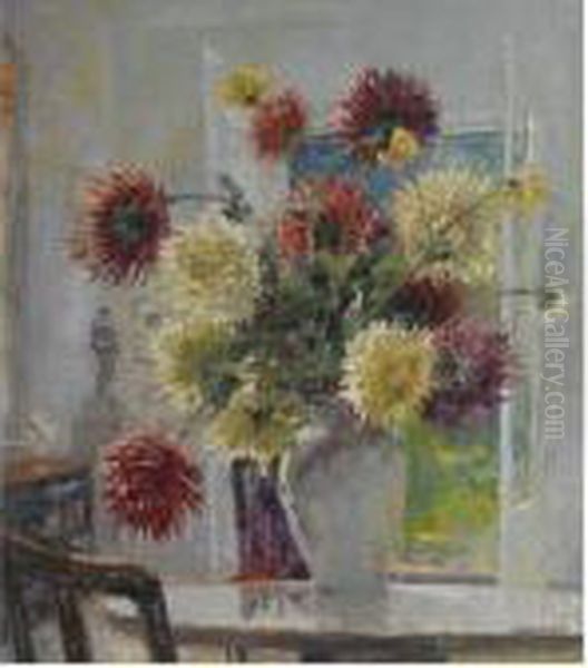 Still Life Of Chrysanthemums Oil Painting by Georges Lapchine