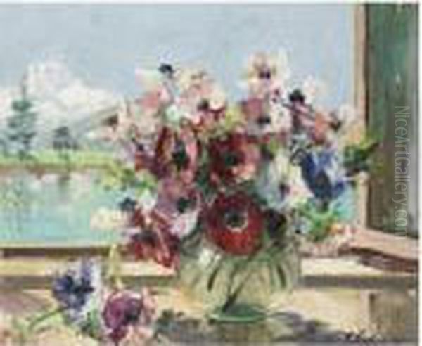 Still Life Of Anemonies (italian Alps) Oil Painting by Georges Lapchine