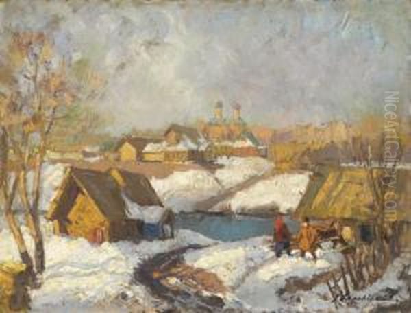 Russian Village In The Snow Oil Painting by Georges Lapchine