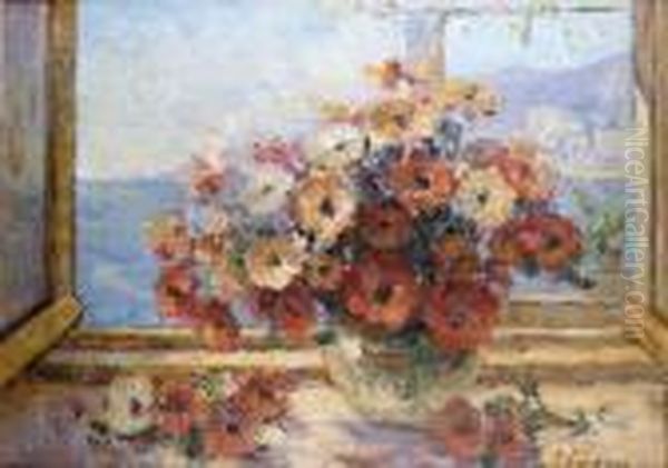 Vase D'anemones Devant La Mer Oil Painting by Georges Lapchine