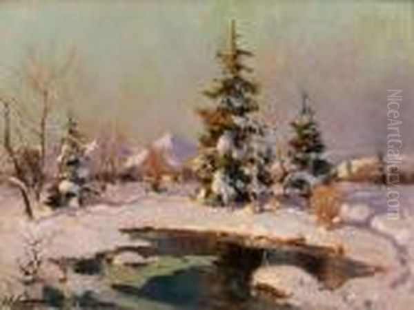 Paysage De Neige Au Soleil Couchant Oil Painting by Georges Lapchine