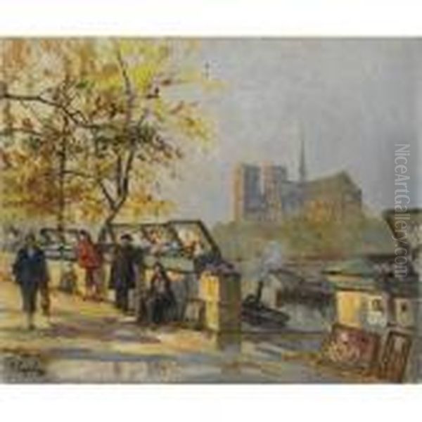 Book Sellers Along The Seine Oil Painting by Georges Lapchine