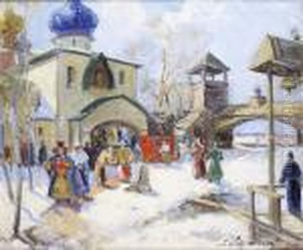 Place Animee Devant L'eglise Oil Painting by Georges Lapchine