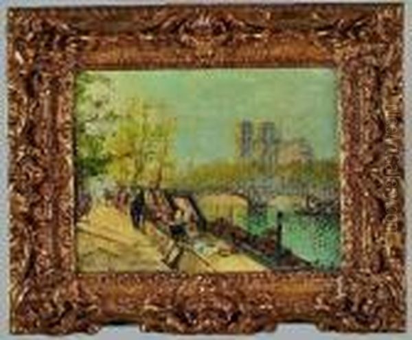 notre-dame Et Les Bouquinistes Sur Les Quais De Paris Oil Painting by Georges Lapchine