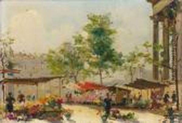 Marche Aux Fleurs A La Madeleine Oil Painting by Georges Lapchine