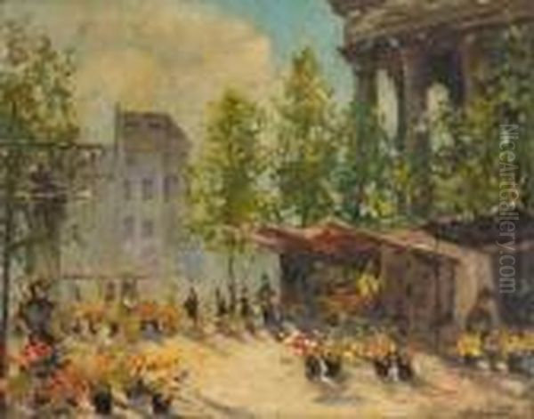 Marche Aux Fleurs Place De La Madeleine. Oil Painting by Georges Lapchine