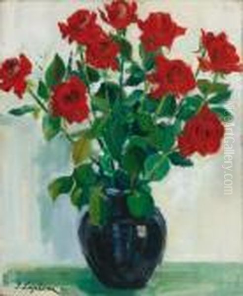 Bouquet De Roses Oil Painting by Georges Lapchine