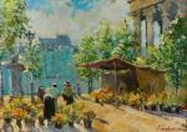 Le Marche Aux Fleurs, Place De La Madeleine Oil Painting by Georges Lapchine