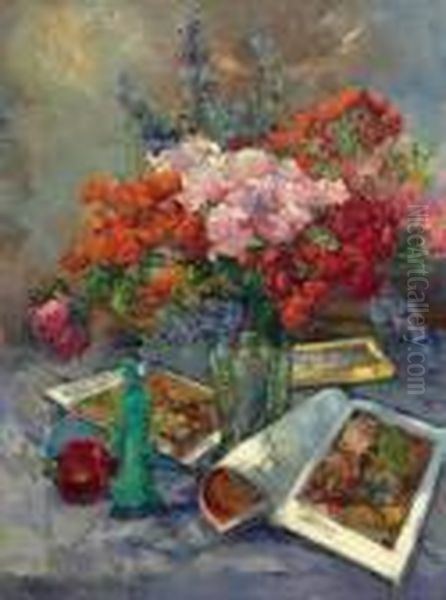 Still Life With Roses And Chinese Figure Oil Painting by Georges Lapchine