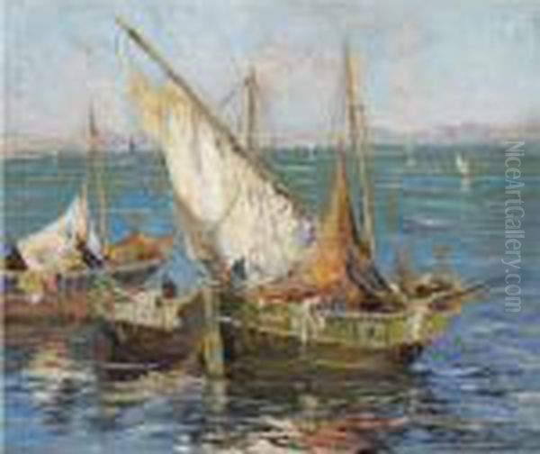 Fishing Boats In The South Of France Oil Painting by Georges Lapchine