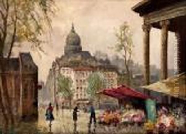 Le Marche Aux Fleurs Parisien Oil Painting by Georges Lapchine