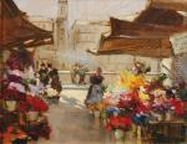 Le Marche Aux Fleurs Oil Painting by Georges Lapchine