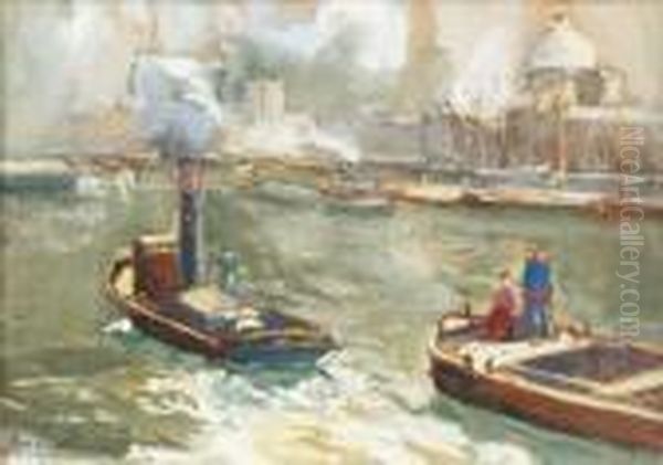 Bateaux Sur La Seine Oil Painting by Georges Lapchine