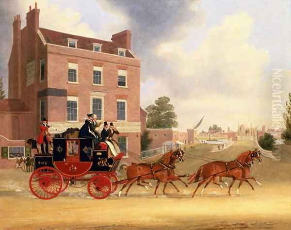 Quicksilver Royal Mail passing the Star and Garter at Kew Bridge, 1835 2 Oil Painting by James Pollard