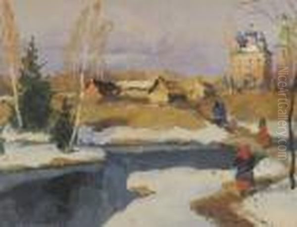 Village Russe Sous La Neige Oil Painting by Georges Lapchine