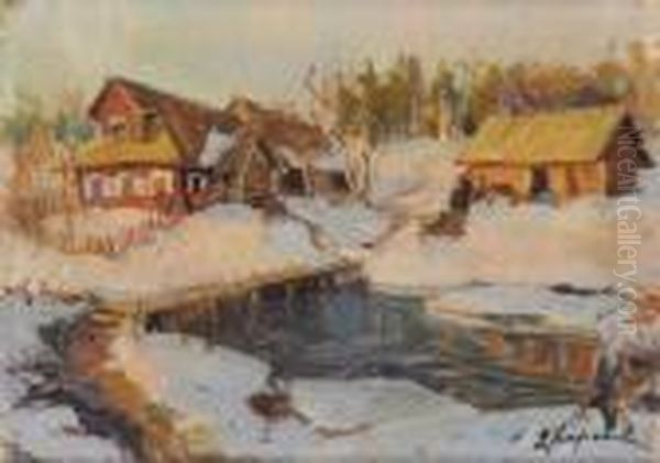 Village Russe Sous La Neige Oil Painting by Georges Lapchine