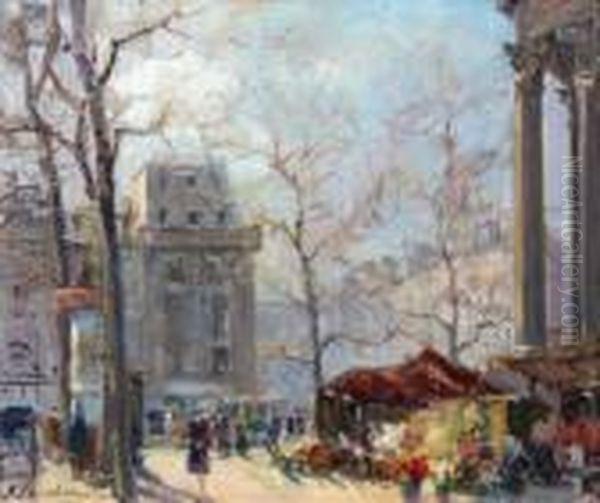 Marche Aux Fleurs, Place De La Madeleine Oil Painting by Georges Lapchine