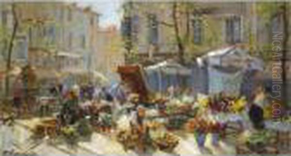 The Flower Market In Aix-en-provence Oil Painting by Georges Lapchine