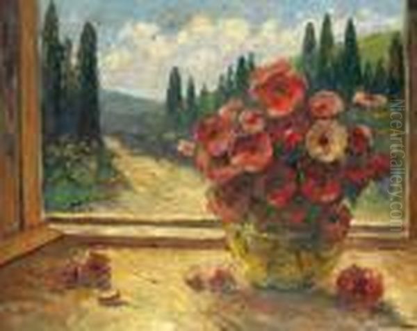 Bouquet De Fleurs Devant La Fenetre Oil Painting by Georges Lapchine