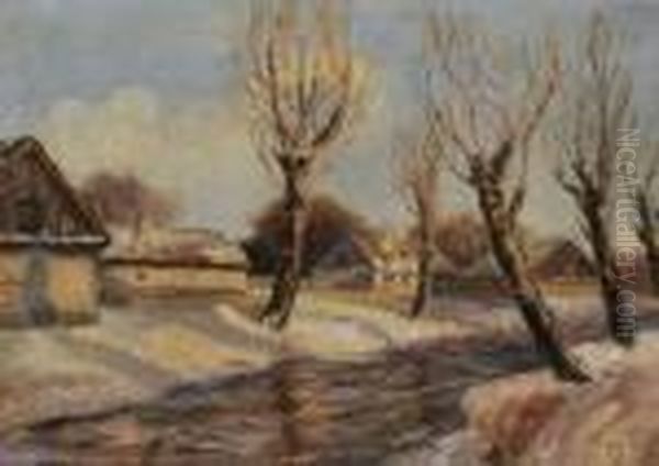 Village Russe Sous La Neige Oil Painting by Georges Lapchine