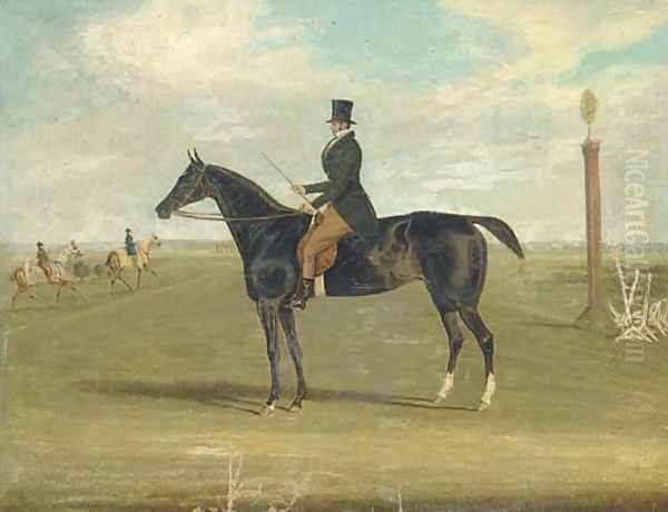 A black racehorse with a trainer up, with horses being exercised beyond Oil Painting by James Pollard