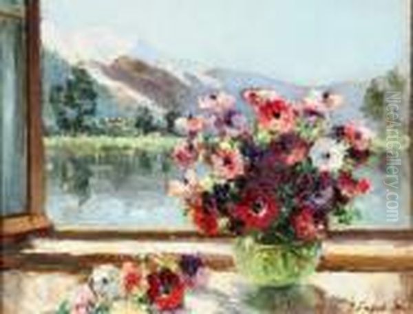 Vase De Fleurs A La Fenetre D'un Chalet Oil Painting by Georges Lapchine