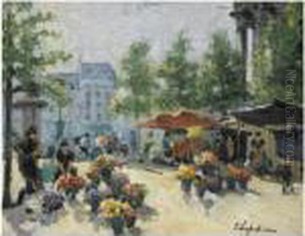 Flower Market At The Madeleine, Paris Oil Painting by Georges Lapchine