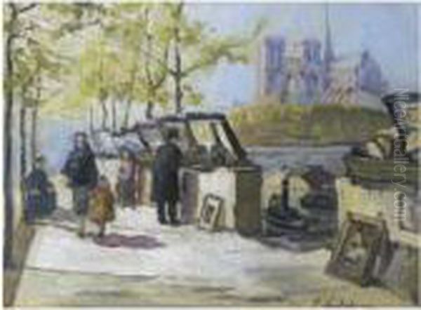 Booksellers On The Banks Of The Seine Oil Painting by Georges Lapchine