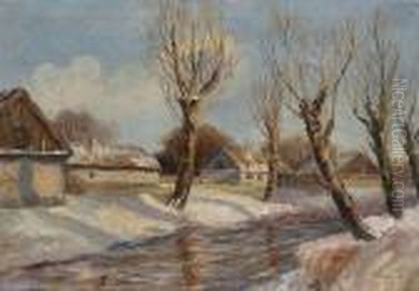 Lapchine, Georgi 
Alexandrovich:winterlandscape With Houses. Oil On Canvas. Signed. - 
Restored.little Hole. Minimally Stained Oil Painting by Georges Lapchine