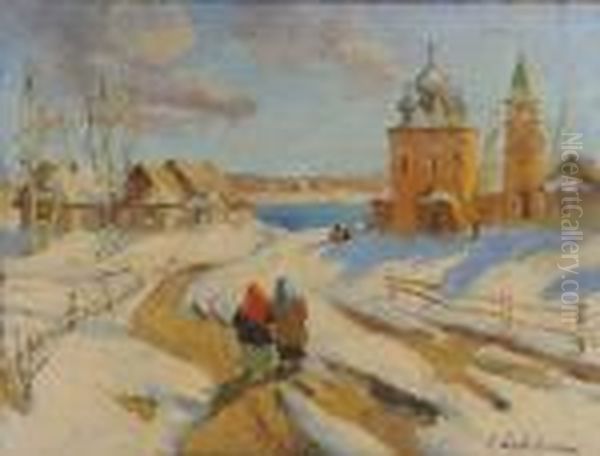 Village Russe Sous La Neige, Circa 1930 Oil Painting by Georges Lapchine