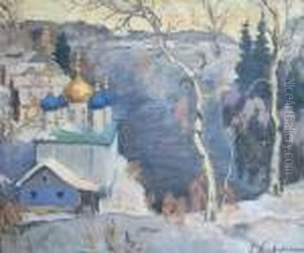 Village Russe Sous La Neige Au Bor D'un Lac Oil Painting by Georges Lapchine