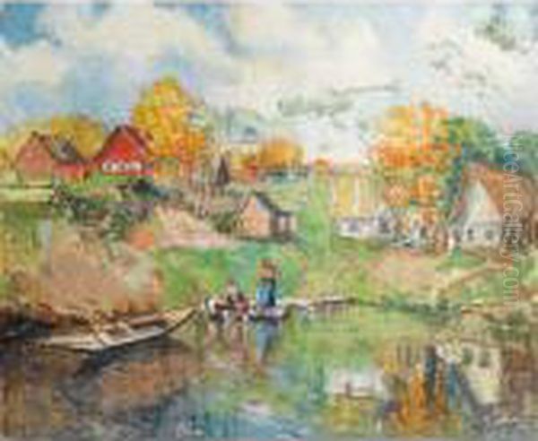 Village Au Bord D'un Lac En Russie Oil Painting by Georges Lapchine