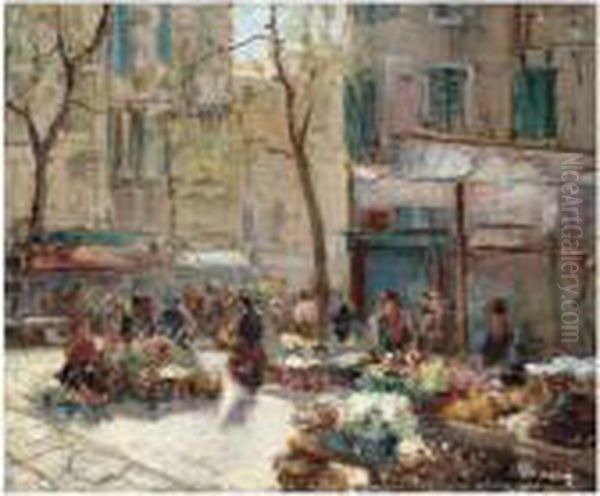 Flower Market In Paris Oil Painting by Georges Lapchine