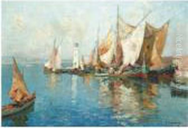 Boats In A Harbour Oil Painting by Georges Lapchine