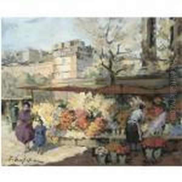 Flower Market At La Madeleine Oil Painting by Georges Lapchine