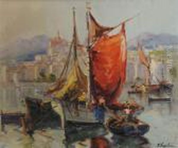 La Voile Rouge A Menton Oil Painting by Georges Lapchine