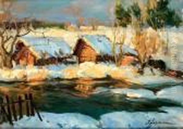 Coucher De Soleil Sur La Neige Oil Painting by Georges Lapchine