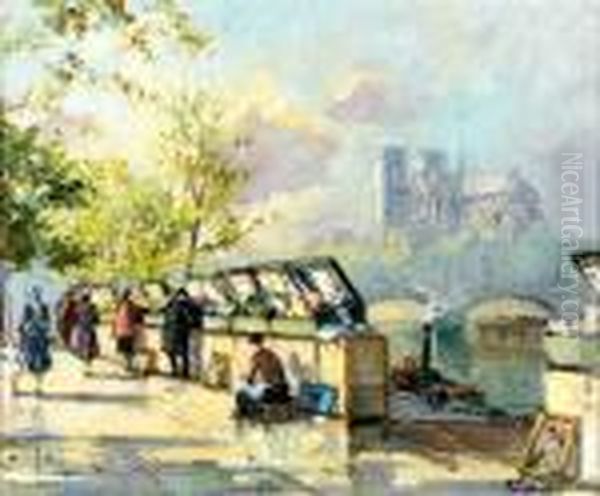 Les Bouquinistes, Quai De La Tournelle Oil Painting by Georges Lapchine