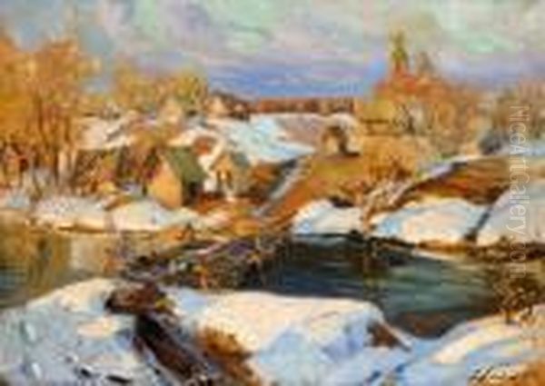 Le Village Russe Sous La Neige Oil Painting by Georges Lapchine