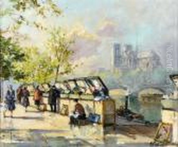 Les Bouquinistes Oil Painting by Georges Lapchine